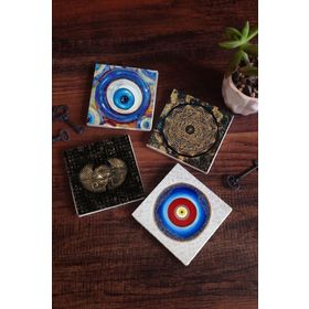 Pinecone 4 Parça Set 10x10 cm Stone Coasters Nazar Horus'un Gözü Sri Yantra Taş Bardak Altlığı Masaüstü Koruyucu Altlık