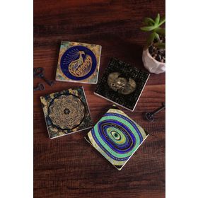 Pinecone 4 Parça Set 10x10 cm Stone Coasters Nazar Horus'un Gözü Sri Yantra Tavuş Kuşu Taş Bardak Altlığı Masaüstü Koruyucu Altlık
