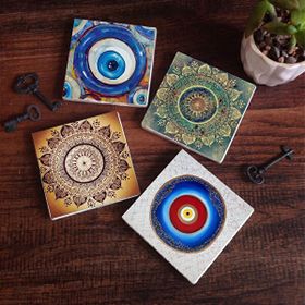 Pinecone 4 Parça Set 10X10 cm Stone Coasters Nazar Mandala Taş Masaüstü Koruyucu Altlık