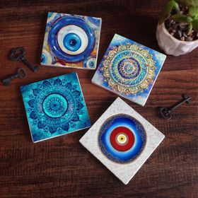 Pinecone 4 Parça Set 10X10 cm Stone Coasters Nazar Mandala Taş Masaüstü Koruyucu Altlık