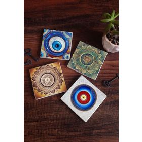 Pinecone 4 Parça Set 10X10 cm Stone Coasters Nazar Mandala Taş Masaüstü Koruyucu Altlık