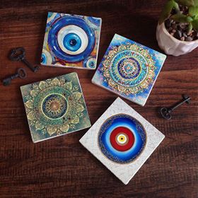 Pinecone 4 Parça Set 10X10 cm Stone Coasters Nazar Mandala Taş Masaüstü Koruyucu Altlık