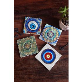 Pinecone 4 Parça Set 10X10 cm Stone Coasters Nazar Mandala Taş Masaüstü Koruyucu Altlık