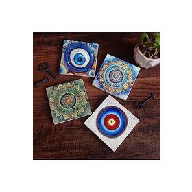 Pinecone 4 Parça Set 10X10 cm Stone Coasters Nazar Mandala Taş Masaüstü Koruyucu Altlık