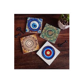 Pinecone 4 Parça Set 10X10 cm Stone Coasters Nazar Mandala Taş Masaüstü Koruyucu Altlık