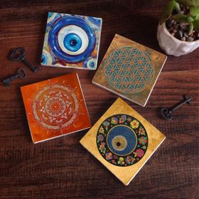 Pinecone 4 Parça Set 10x10 cm Stone Coasters Nazar Yaşam Çiçeği Mandala Taş Bardak Altlığı Masaüstü Koruyucu Altlık