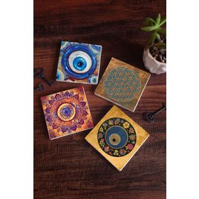 Pinecone 4 Parça Set 10x10 cm Stone Coasters Nazar Yaşam Çiçeği Mandala Taş Bardak Altlığı Masaüstü Koruyucu Altlık