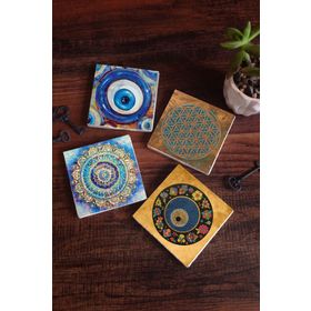 Pinecone 4 Parça Set 10x10 cm Stone Coasters Nazar Yaşam Çiçeği Mandala Taş Bardak Altlığı Masaüstü Koruyucu Altlık