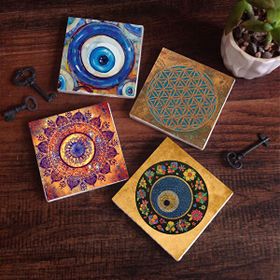 Pinecone 4 Parça Set 10x10 cm Stone Coasters Nazar Yaşam Çiçeği Mandala Taş Bardak Altlığı Masaüstü Koruyucu Altlık