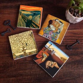 Pinecone 4 Parça Set 10x10 cm Stone Coasters Salvador Dalí Belleğin Azmi Çığlık Gustav Klimt Aile Kucaklama Hayat Ağacı Taş Bardak Altlığı Masaüstü Koruyucu Altlık