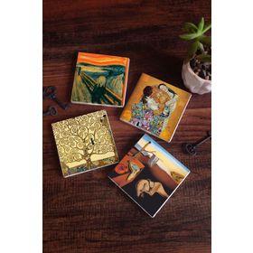 Pinecone 4 Parça Set 10x10 cm Stone Coasters Salvador Dalí Belleğin Azmi Çığlık Gustav Klimt Aile Kucaklama Hayat Ağacı Taş Bardak Altlığı Masaüstü Koruyucu Altlık