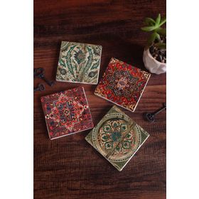 Pinecone 4 Parça Set 10X10 cm Stone Coasters Vintage Desen Taş Bardak Altlığı Masaüstü Koruyucu Altlık