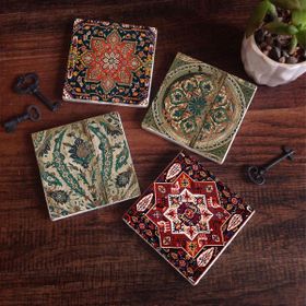 Pinecone 4 Parça Set 10X10 cm Stone Coasters Vintage Desen Taş Bardak Altlığı Masaüstü Koruyucu Altlık