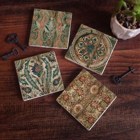 Pinecone 4 Parça Set 10X10 cm Stone Coasters Vintage Desen Taş Bardak Altlığı Masaüstü Koruyucu Altlık