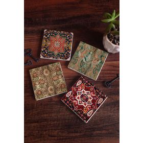 Pinecone 4 Parça Set 10X10 cm Stone Coasters Vintage Desen Taş Bardak Altlığı Masaüstü Koruyucu Altlık
