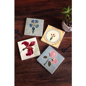 Pinecone PCBA576 Pembe Ortanca Çiçeği Ebru Sanatı Lale 4'lü 10x10 cm Masaüstü Taş Bardak Altlığı