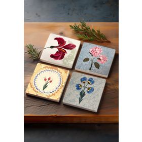 Pinecone PCBA576 Pembe Ortanca Çiçeği Ebru Sanatı Lale 4'lü 10x10 cm Masaüstü Taş Bardak Altlığı