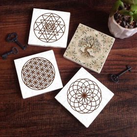 Pinecone SC104 Stone Coasters Yaşam Çiçeği Sri Yantra Hayat Ağacı 4 Parça 10x10 cm Masaüstü Taş Bardak Altlığı