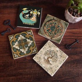 Pinecone SC149 4 Parça Set 10x10 cm Stone Coasters Vintage Desen Şahmeran Hayat Ağacı Taş Bardak Altlığı Masaüstü Koruyucu Altlık