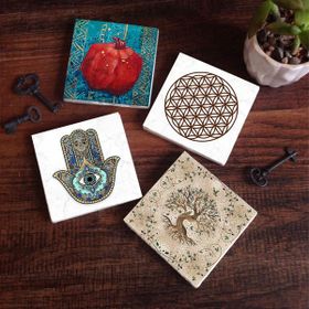 Pinecone SC152 Stone Coasters Yaşam Çiçeği Nar Fatma Ana Eli Hamsa 4 Parça 10x10 cm Masaüstü Taş Bardak Altlığı