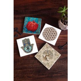 Pinecone SC152 Stone Coasters Yaşam Çiçeği Nar Fatma Ana Eli Hamsa 4 Parça 10x10 cm Masaüstü Taş Bardak Altlığı