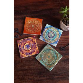 Pinecone SC157 Stone Coasters Mandala Yaşam Çiçeği Sri Yantra 4 Parça 10x10 cm Masaüstü Taş Bardak Altlığı