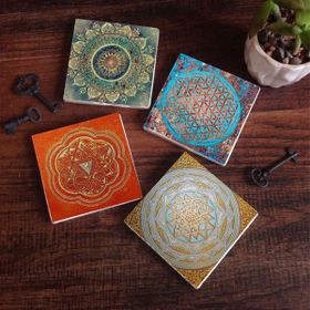 Pinecone SC157 Stone Coasters Mandala Yaşam Çiçeği Sri Yantra 4 Parça 10x10 cm Masaüstü Taş Bardak Altlığı