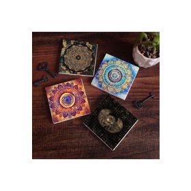 Pinecone SC162 Stone Coasters Mandala Horus'un Gözü Sri Yantra 4 Parça 10x10 cm Masaüstü Taş Bardak Altlığı