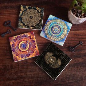 Pinecone SC162 Stone Coasters Mandala Horus'un Gözü Sri Yantra 4 Parça 10x10 cm Masaüstü Taş Bardak Altlığı