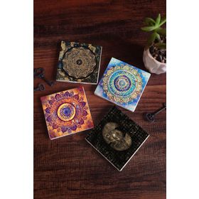 Pinecone SC162 Stone Coasters Mandala Horus'un Gözü Sri Yantra 4 Parça 10x10 cm Masaüstü Taş Bardak Altlığı