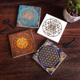 Pinecone SC184 Stone Coasters Yaşam Çiçeği Sri Yantra 4 Parça 10x10 cm Masaüstü Taş Bardak Altlığı