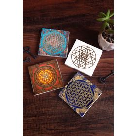 Pinecone SC184 Stone Coasters Yaşam Çiçeği Sri Yantra 4 Parça 10x10 cm Masaüstü Taş Bardak Altlığı