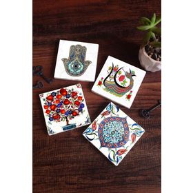 Pinecone SC186 Stone Coasters Şahmeran Çini Sanatı Nar Ağacı Fatma Ana Eli Hamsa 4 Parça 10x10 cm Masaüstü Taş Bardak Altlığı
