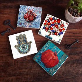 Pinecone SC191 Stone Coasters Nar Ağacı Fatma Ana Eli Hamsa 4 Parça 10x10 cm Masaüstü Taş Bardak Altlığı