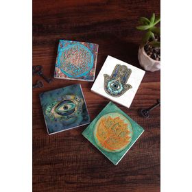 Pinecone SC211 Stone Coasters Nazar Yaşam Çiçeği Lotus Çiçeği Fatma Ana Eli Hamsa 4 Parça 10x10 cm Masaüstü Taş Bardak Altlığı