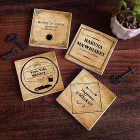 Pinecone SC220 4 Parça Set 10X10 cm Stone Coasters Viski Temalı Taş Bardak Altlığı Masaüstü Koruyucu Altlık