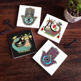 Pinecone SC226 Stone Coasters Şahmeran Fatma Ana Eli Hamsa 4 Parça 10x10 cm Masaüstü Taş Bardak Altlığı