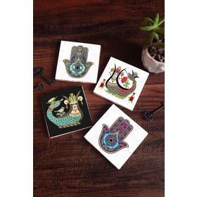 Pinecone SC226 Stone Coasters Şahmeran Fatma Ana Eli Hamsa 4 Parça 10x10 cm Masaüstü Taş Bardak Altlığı