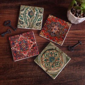 Pinecone SC229 4 Parça Set 10X10 cm Stone Coasters Vintage Desen Taş Bardak Altlığı Masaüstü Koruyucu Altlık