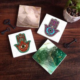 Pinecone SC296 4 Parça Set 10x10 cm Stone Coasters Soyut Sanat Fatma Ana Eli Hamsa Taş Bardak Altlığı Masaüstü Koruyucu Altlık