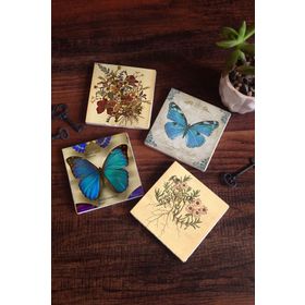Pinecone SC314 Stone Coasters Vintage Çiçek Kelebek 4 Parça 10x10 cm Masaüstü Taş Bardak Altlığı