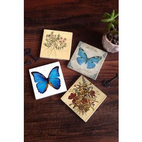 Pinecone SC314 Stone Coasters Vintage Çiçek Kelebek 4 Parça 10x10 cm Masaüstü Taş Bardak Altlığı