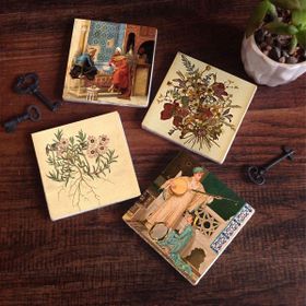 Pinecone SC337 Stone Coasters Vintage Çiçek Satranç Oyunu 2 Müzisyen Kız 4 Parça 10x10 cm Masaüstü Taş Bardak Altlığı
