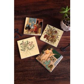 Pinecone SC337 Stone Coasters Vintage Çiçek Satranç Oyunu 2 Müzisyen Kız 4 Parça 10x10 cm Masaüstü Taş Bardak Altlığı