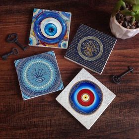 Pinecone SC394 4 Parça Set 10X10 CM Stone Coasters Nazar Taş Bardak Altlığı Masaüstü Koruyucu Altlık