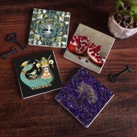 Pinecone SC483 4 Parça Set 10x10 cm Stone Coasters Şahmeran Hayat Ağacı Nar Taş Bardak Altlığı Masaüstü Koruyucu Altlık