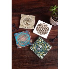 Pinecone SC492 Stone Coasters Yaşam Çiçeği Hayat Ağacı 4 Parça 10x10 cm Masaüstü Taş Bardak Altlığı