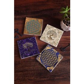 Pinecone SC492 Stone Coasters Yaşam Çiçeği Hayat Ağacı 4 Parça 10x10 cm Masaüstü Taş Bardak Altlığı