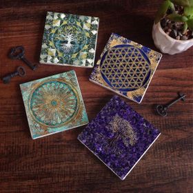 Pinecone SC492 Stone Coasters Yaşam Çiçeği Hayat Ağacı 4 Parça 10x10 cm Masaüstü Taş Bardak Altlığı