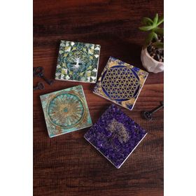 Pinecone SC492 Stone Coasters Yaşam Çiçeği Hayat Ağacı 4 Parça 10x10 cm Masaüstü Taş Bardak Altlığı